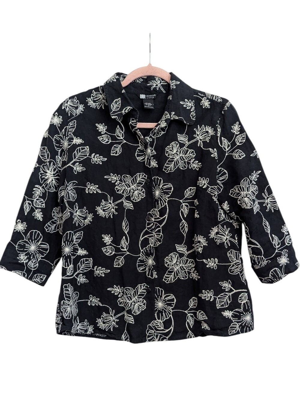 Carole Little Linen Floral Embroidered Button Up Top Womens 3/4 Sleeve Sz Large